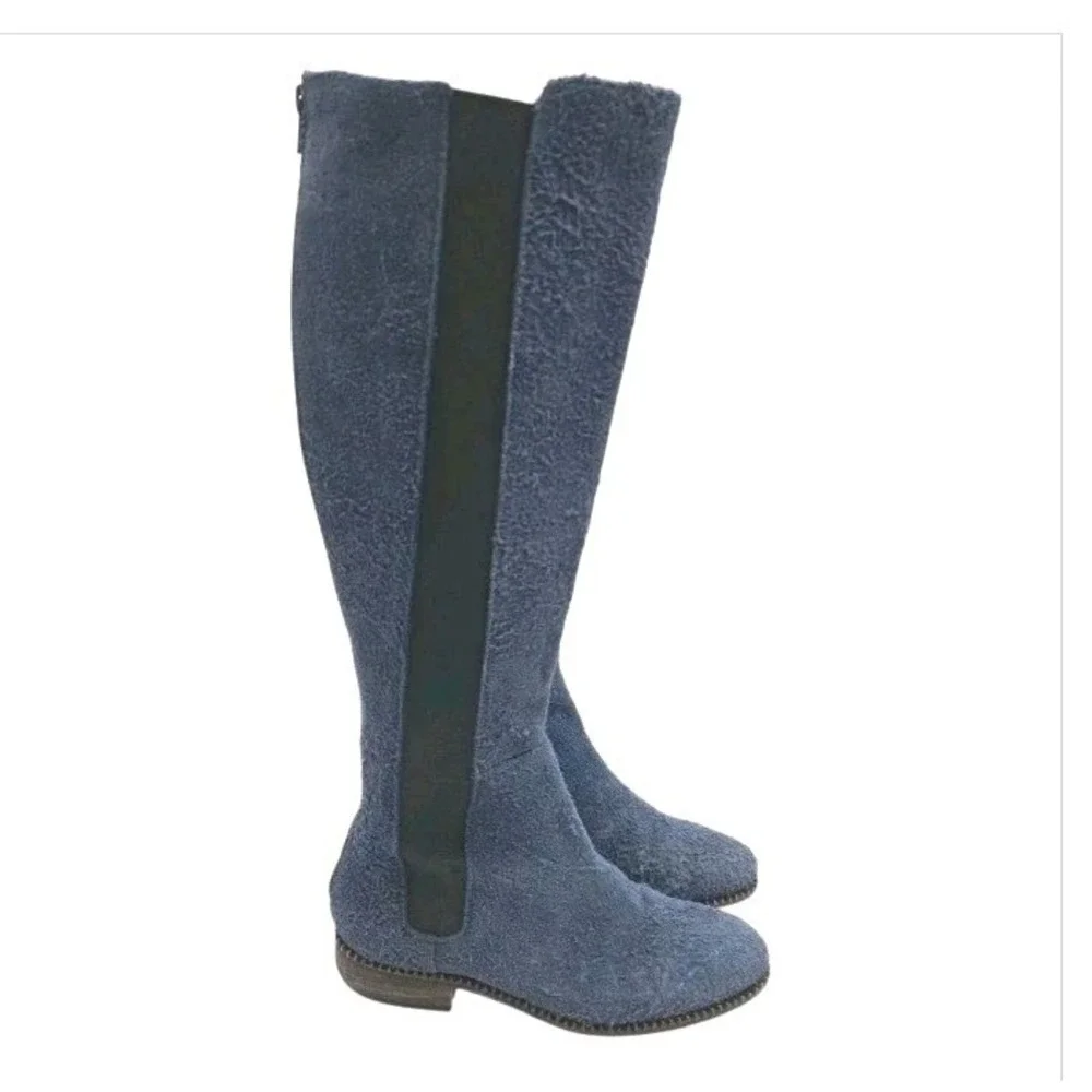 Free People Callow Tall Boot Blue Distressed Blue Suede‎ Sz 38 EU 7 US Back Zip
